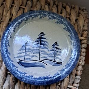 Blue and Gray Ceramic Art Plate with Winter Landscape